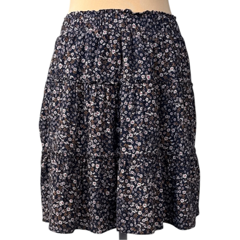 LOFT Navy Floral Tiered Skirt Size 4 Elastic Waist Lightweight Lined Flowy Midi